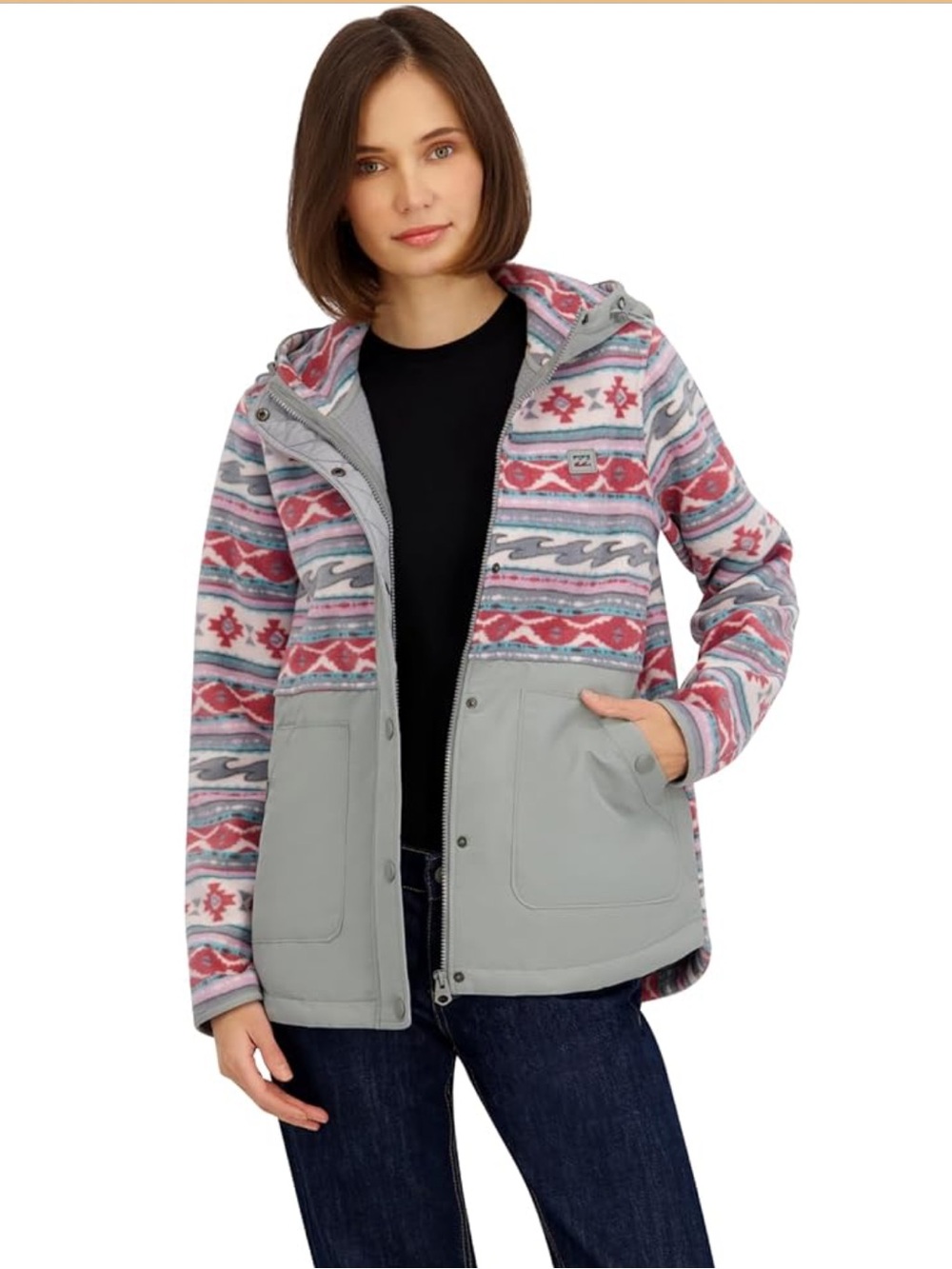 Billabong Women's Gray & Pink Patterned Hooded Utility Jacket
